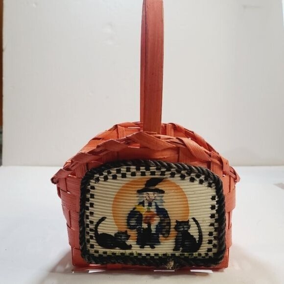 Vintage Orange Wicker Hand Painted Halloween Witch Cat Basket - Picture 1 of 12